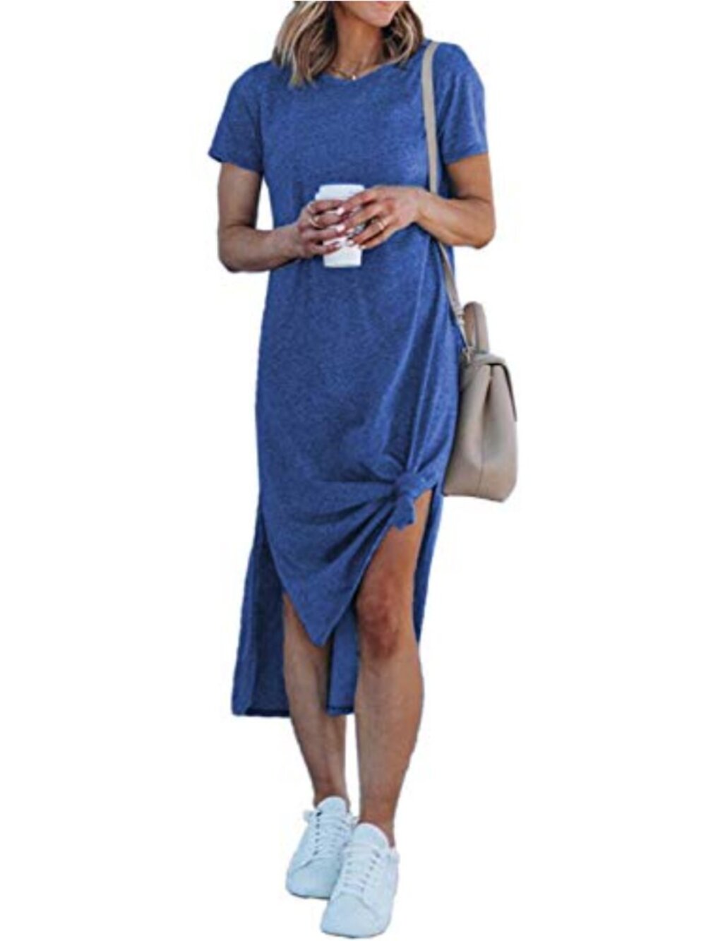 Casual Short Sleeve Midi Dress with Pockets High Split